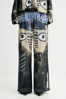 Hedvábné kalhoty MUNTHE ARUM dámské, tmavomodrá barva, high waist, 253140025318