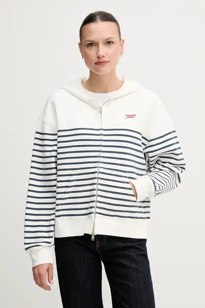 Bavlněná mikina Tommy Jeans dámská, bílá barva, s kapucí, vzorovaná, DW0DW20303