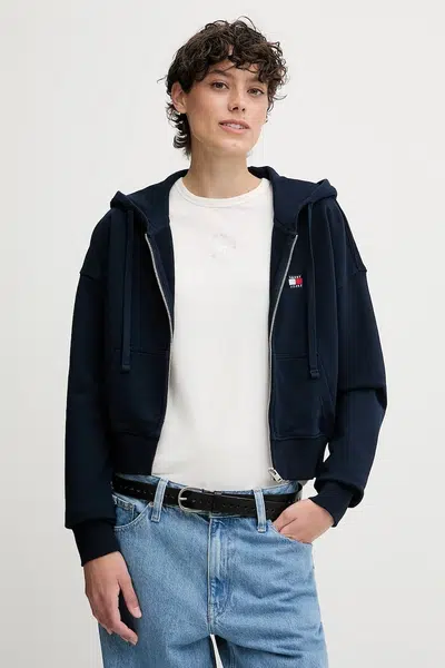 Bavlněná mikina Tommy Jeans dámská, tmavomodrá barva, s kapucí, s aplikací, DW0DW21147
