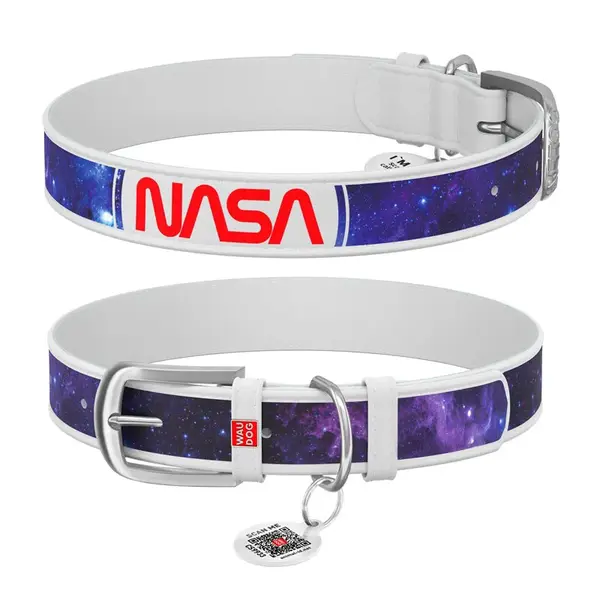 Kožený obojok so vzorom NASA 21 biely, Obvod krku: 38-49 cm, širka: 25 mm