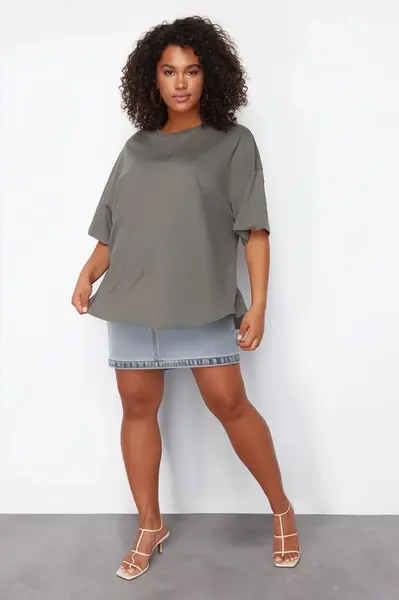 Trendyol Curve Anthracite 100% Cotton More Sustainable Oversize Knitted T-shirt