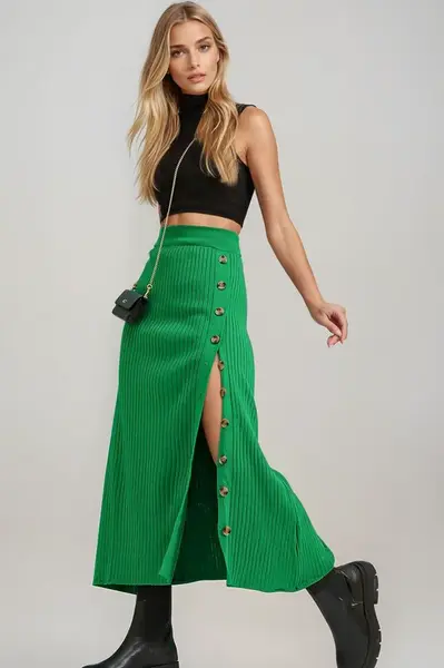 Trend Alaçatı Štýl Dámska Zelená Sukňa s Gombíkovými Detailmi