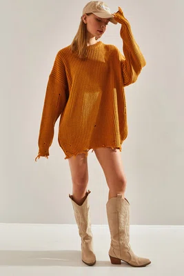 Bianco Lucci Women's Thessaloniki Knitted Openwork Detailed Oversize Knitwear Sweater