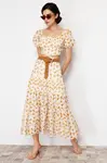 Trendyol Beige Brode and Embroidery Detailed Flared Maxi Length Woven Skirt
