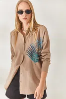 Olalook Mink Palm Sequin Detailed Oversize Woven Poplin Shirt
