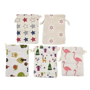10Pcs 5 Styles Printed Polycotton(Polyester Cotton) Packing Pouches Drawstring Bags