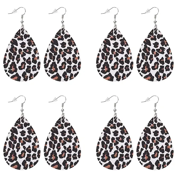 4 Pairs Artificial Leather Teardrop with Leopard Print Dangle Earrings