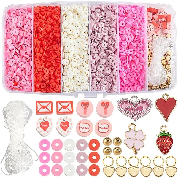Valentine's Day Theme DIY Polymer Clay Beads & Alloy Enamel Charm Stretch Bracelets Making Kits