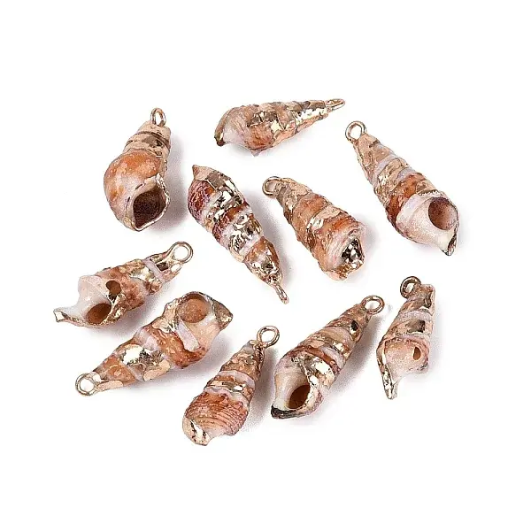 Electroplated Golden Brass Trim Natural Spiral Shell Pendants