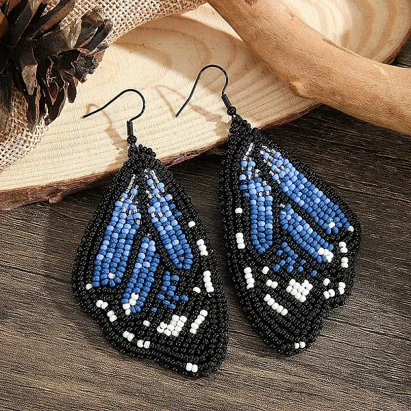 Bohemian Style Green Butterfly Wing Glass Bead Handmade Dangle Earrings