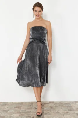 Trendyol Anthracite A-Cut Pleated Shiny Woven Elegant Evening Dress