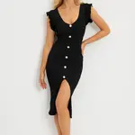 Cool & Sexy Women's Black Button Detailed Knitwear Midi Dress YZ635