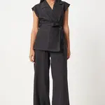 Happiness İstanbul Women's Black Belted Vest Palazzo Knitted Suite