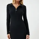 Happiness İstanbul Women's Black Zipper High Neck Ribbed Knitted Dress