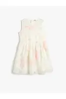 Koton Dress Tulle Floral Midi Length Sleeveless Round Neck Lined