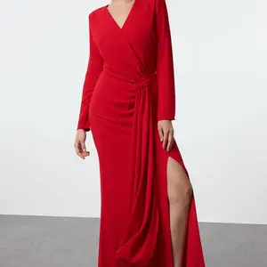 Trendyol Red Double Breasted Crepe Woven Long Elegant Evening Dress