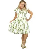 Shirt dress with frills and print cotton and linen AMELIA