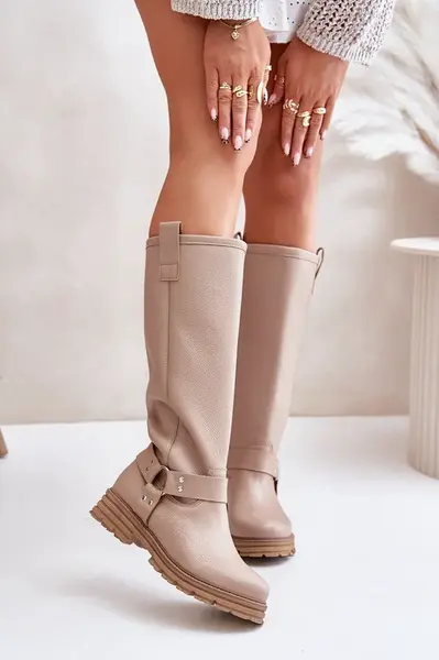 Zazoo Kožené dámské kozačky nad kolena béžové Lewski 3615