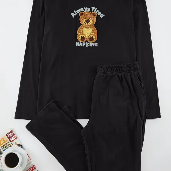 Trendyol Men's Black Teddy Bear Embroidered Regular Fit Knitted Pajama Set