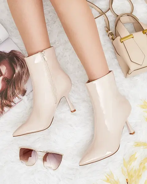 Resti Beige lacquered women's Elegant Classy stiletto heeled boots