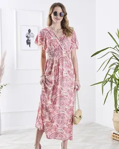 Resti Patterned pink women's midi dress Clothing