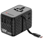 Verbatim 30191, Cestovní adaptér univerzální Charge ,n, Travel 2x USB-C, 2X USB-A + 1x integrovaný kabel USB-C, černá, 100 W