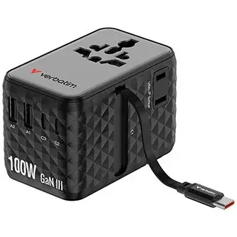 Verbatim 30191, Cestovní adaptér univerzální Charge ,n, Travel 2x USB-C, 2X USB-A + 1x integrovaný kabel USB-C, černá, 100 W