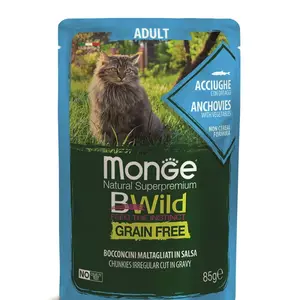 Monge BWild Grain Free Adult vlhké krmivo pre mačky - ančovičky so zeleninou 85 g
