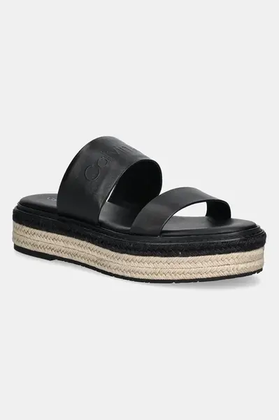 Kožené pantofle Calvin Klein FLATFORM WEDGE SLIDE - HE dámské, černá barva, na platformě, HW0HW02374