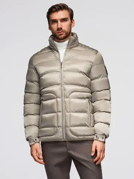 Ombre Men's quilted jacket with gloss and stand-up collar - light grey