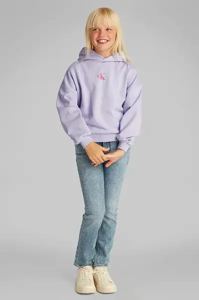 Dětská mikina Calvin Klein Jeans fialová barva, s kapucí, hladká, IG0IG02855