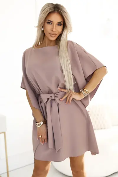 287-37 SOFIA Butterfly dress with a binding at the waist - MOCHA MOUSSE