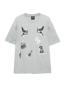 Pull&Bear Tričko  sivá melírovaná / čierna / biela