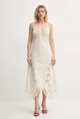 Bavlněné šaty Marciano Guess BROOKE béžová barva, maxi, 5GGK33 7313A