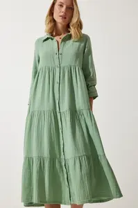 Happiness İstanbul Women's Green Muslin Flared Shirt Dress