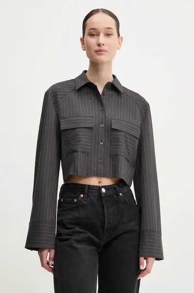 Košile HUGO dámská, šedá barva, regular, s klasickým límcem, 50531549