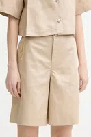 Šortky s příměsí lnu Moschino Jeans béžová barva, s aplikací, high waist, 0327 3716