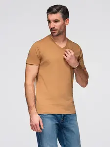 Ombre Men's BASIC classic cotton T-shirt with a v-neck - brown