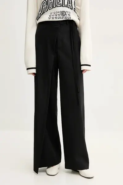 Vlněné kalhoty MM6 Maison Margiela dámské, černá barva, široké, high waist, S52KA0518