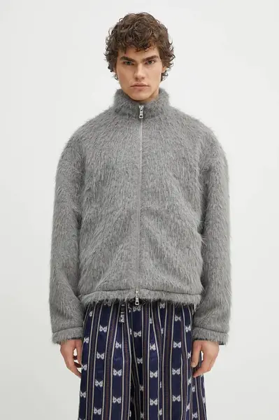 Bunda MKI MIYUKI ZOKU Faux Alpaca Track Jacket šedá barva, přechodná, oversize, FAUX.ALPACA.TRACK.JACK.