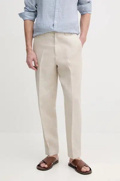 Lněné kalhoty Tommy Hilfiger pánské, béžová barva, jednoduché, SQTHL5607.SQTH500