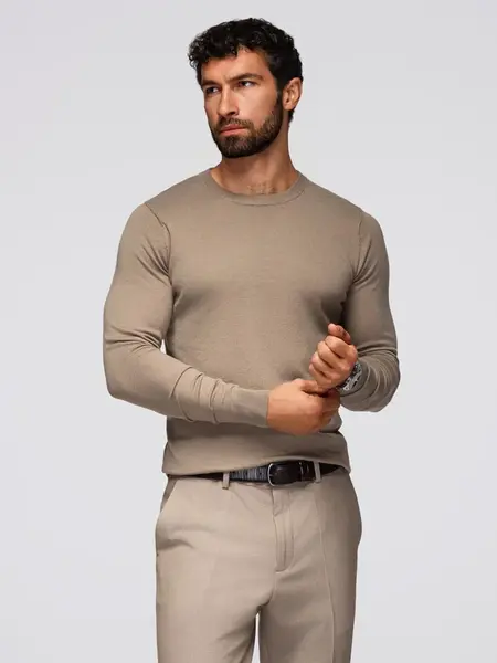 Ombre BASIC men's classic viscose sweater with round neckline - dark beige
