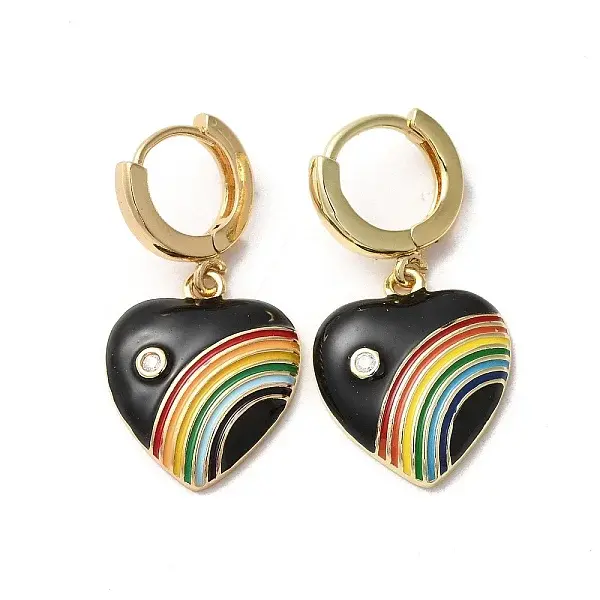 Heart with Rainbow Real 18K Gold Plated Brass Dangle Hoop Earrings