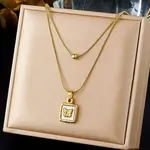 304 Stainless Steel with Natural White Shell Square Disc Pendant Double Layer Necklaces