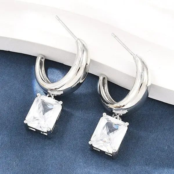 Rectangle Brass Micro Pave Clear Cubic Zirconia Dangle Stud Earrings