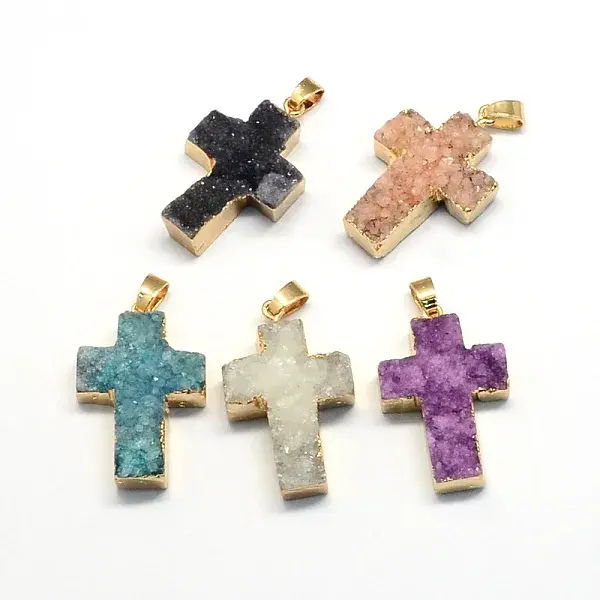 plated Natural drusy  Agate Cross Pendants