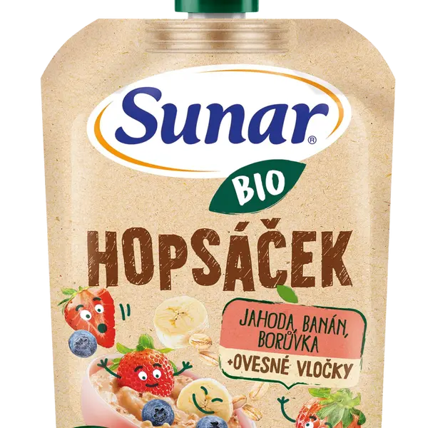 SUNAR BIO ovocná kapsička Hopsáček jahoda, banán, borůvka a ovesné vločky 100 g