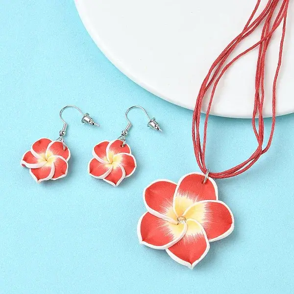 Flower Polymer Clay with Wax Cord Pendant Necklaces & Dangle Earrings Sets