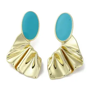 Rack Plating Real 18k Gold Plated Brass Oval Stud Earrings with Enamel