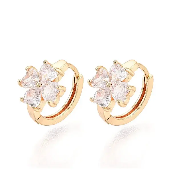 Brass Micro Pave Clear Cubic Zirconia Clover Hoop Earrings